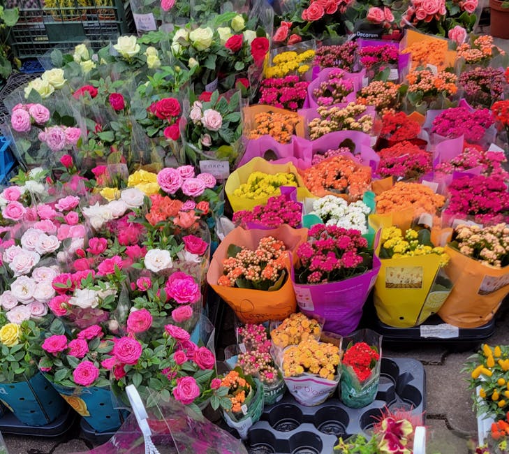 A vibrant display of fresh flowers arranged in bouquets and potted plants, featuring roses, carnations, and chrysanthemums in shades of pink, white, yellow, orange, and red. The flowers are wrapped in