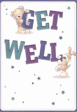 This artfully designed get well card, cherished in the quiet neighbourhoods of Winchmore Hill, is the embodiment of nurturing care. A soft, honey-hued teddy rests his paws lightly atop the bold, friendly letters of 'GET,' while a playful puppy, rendered in creamy taupe, nestles warmly against the sturdy 'WELL' just below in lively teal blue. Their affectionate glances are underscored by the rich, dimensional texture of their illustrated fur, offering a soothing visual as gentle as receiving a bespoke bouquet from Flowers Winchmore Hill near The Green. Deep indigos and vibrant teals shape the lively typography, while a galaxy of tiny stars in silvery blue and purple dances across the pristine white background-each one a sparkling promise of hope and renewal. Every detail speaks to the care and intention behind its creation, reminiscent of the floral arrangements delivered throughout N21, crafted to convey comfort and encouragement. The atmosphere is one of clarity and purity, mirrored in the card's luminous, airy design. Just as a thoughtfully arranged bouquet can enliven a room, this card becomes a heartfelt gesture of support, carrying with it the uplifting spirit and neighbourly warmth that define Winchmore Hill.